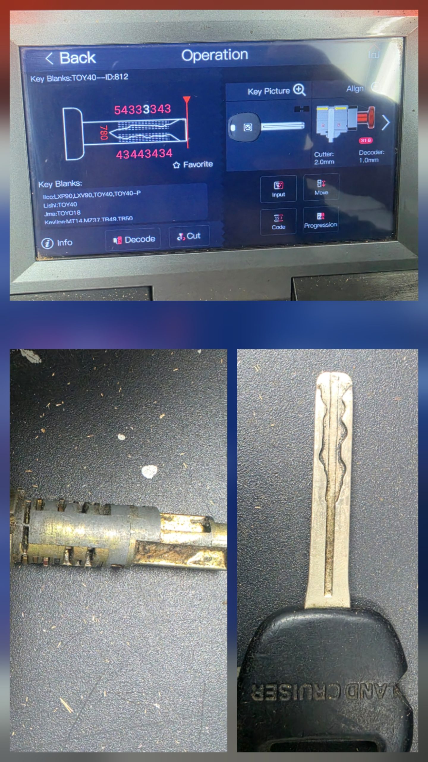 Worn car key, damaged ignition lock barrel and electronic code-cutting machine used by Lockwise Locksmiths to cut replacement car keys to factory specifications.